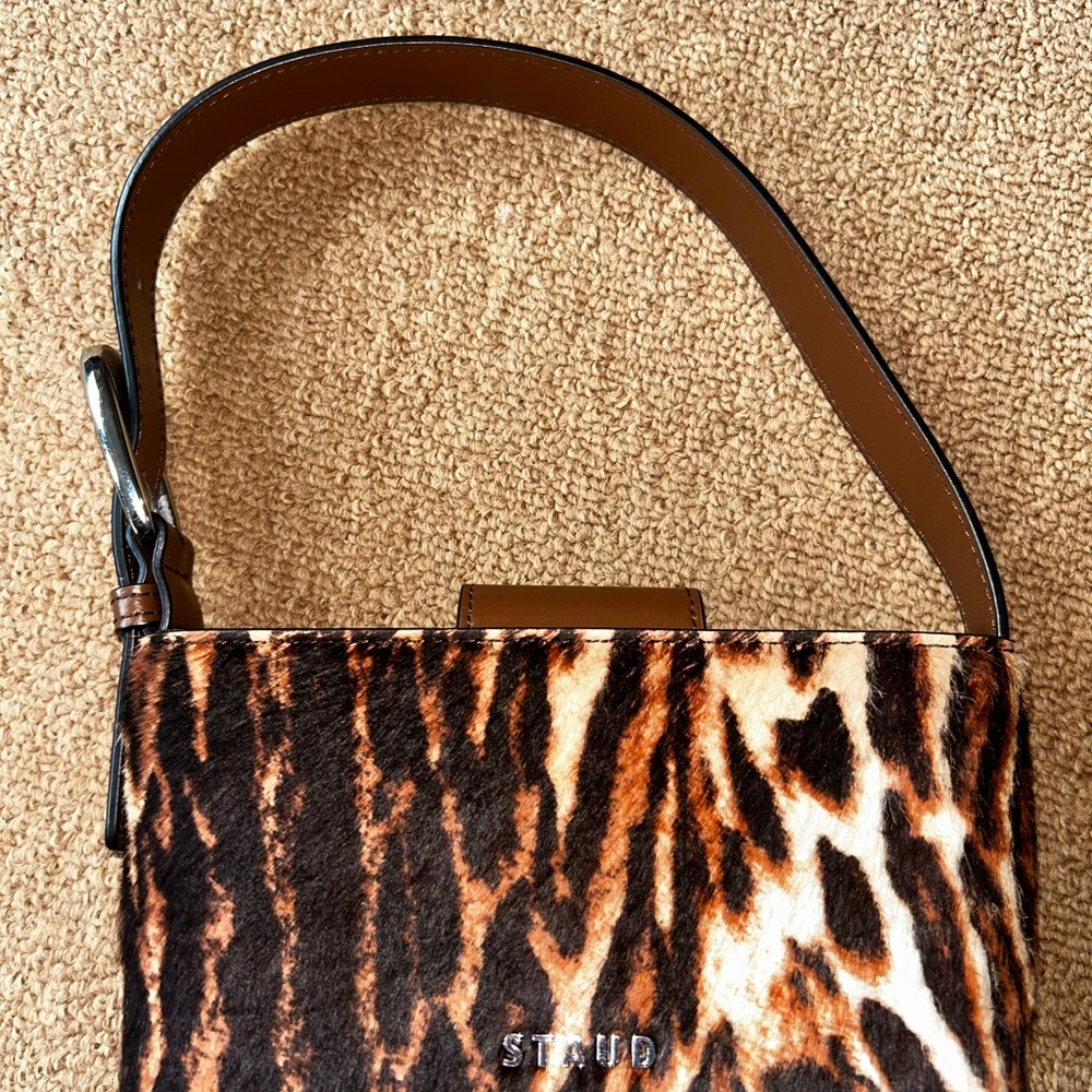 STAUD Brown and Black Animal Print Shoulder Bag
